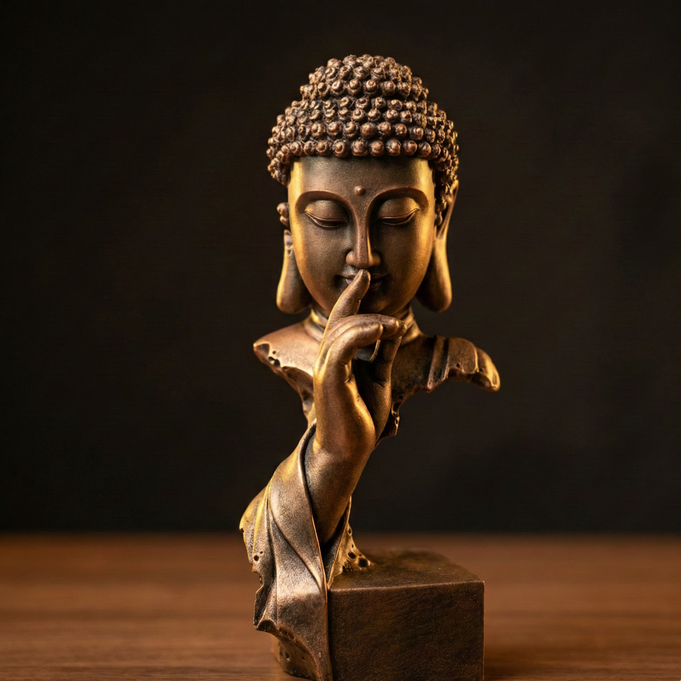 Bronze Buddha bust with serene expression, finger to lips, for mindful home decor