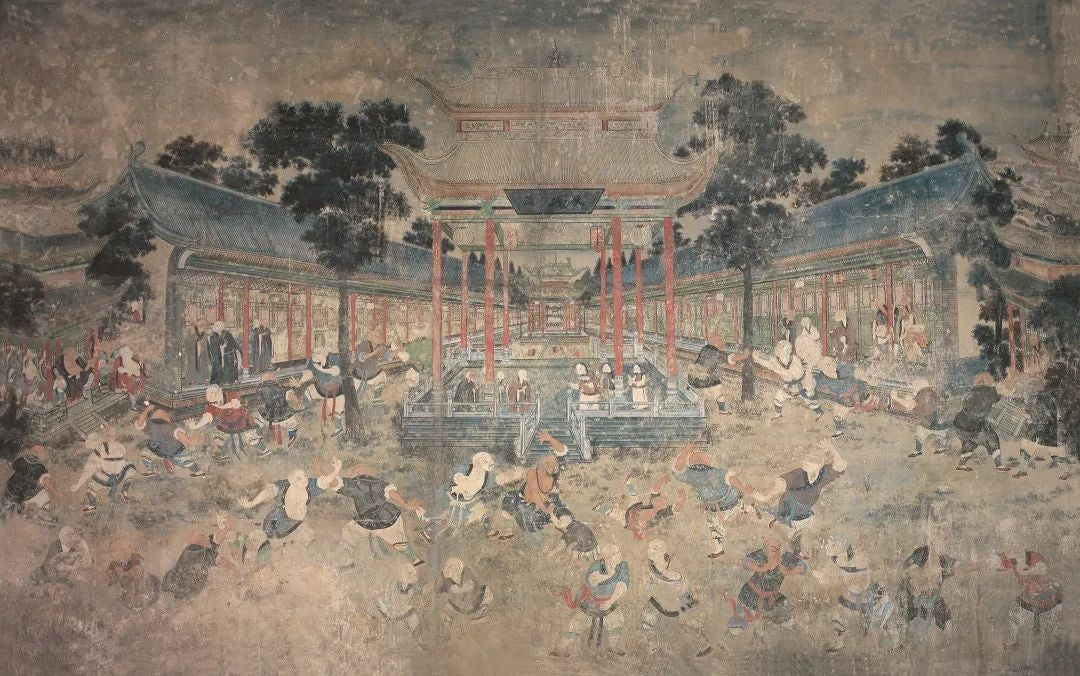 Ancient mural depicting Shaolin monks practicing martial arts in a temple courtyard.