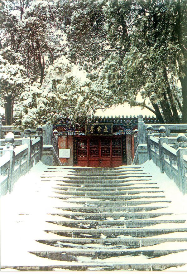 Snow-covered stone steps leading to a traditional Buddhist temple entrance with trees