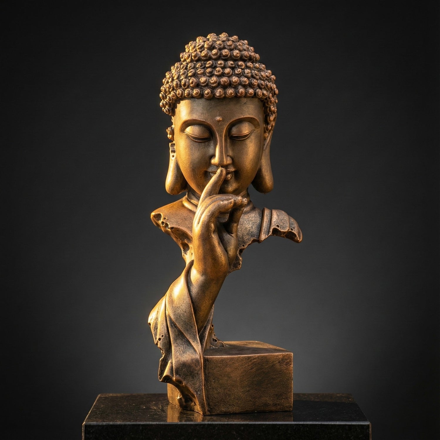 Bronze Buddha statue with finger to lips, meditative decor on dark background