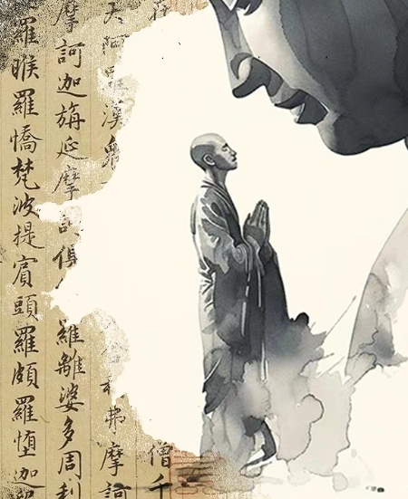 Monk in prayer before Buddha, ink art with sacred script, mindful Buddhist decor