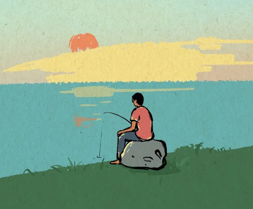 Man meditating by lake at sunset, practicing mindfulness and peace