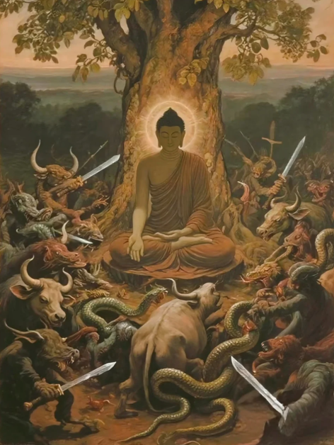 Buddha meditating under Bodhi tree surrounded by demons and serpents, symbolizing enlightenment and inner peace