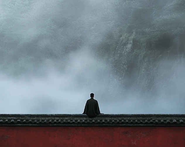 Monk meditating on temple roof amid misty mountains, embodying Buddhist mindfulness and peace