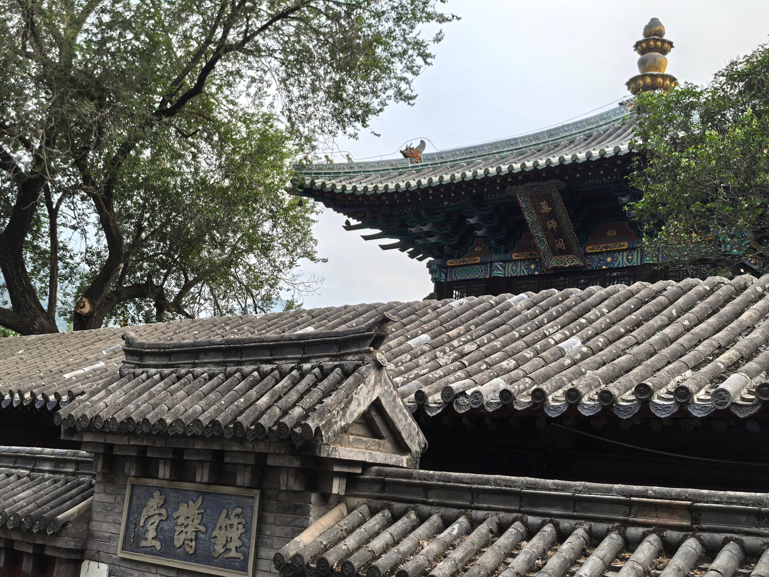 Traditional Chinese temple with tiled roof, stone sign, trees, and ornate architecture