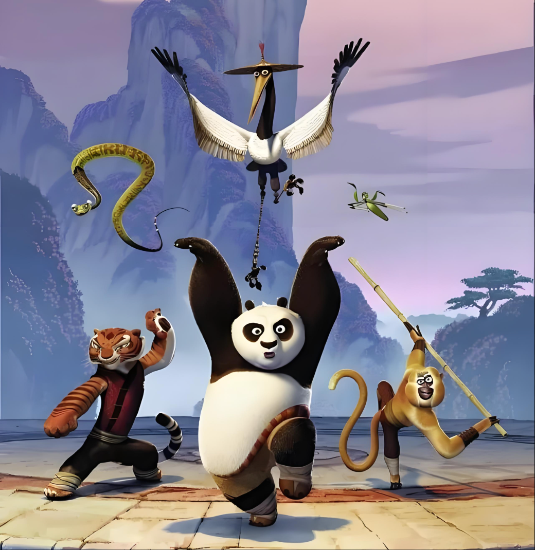 Animated panda, tiger, monkey, crane, viper, and mantis in kung fu poses with misty mountains