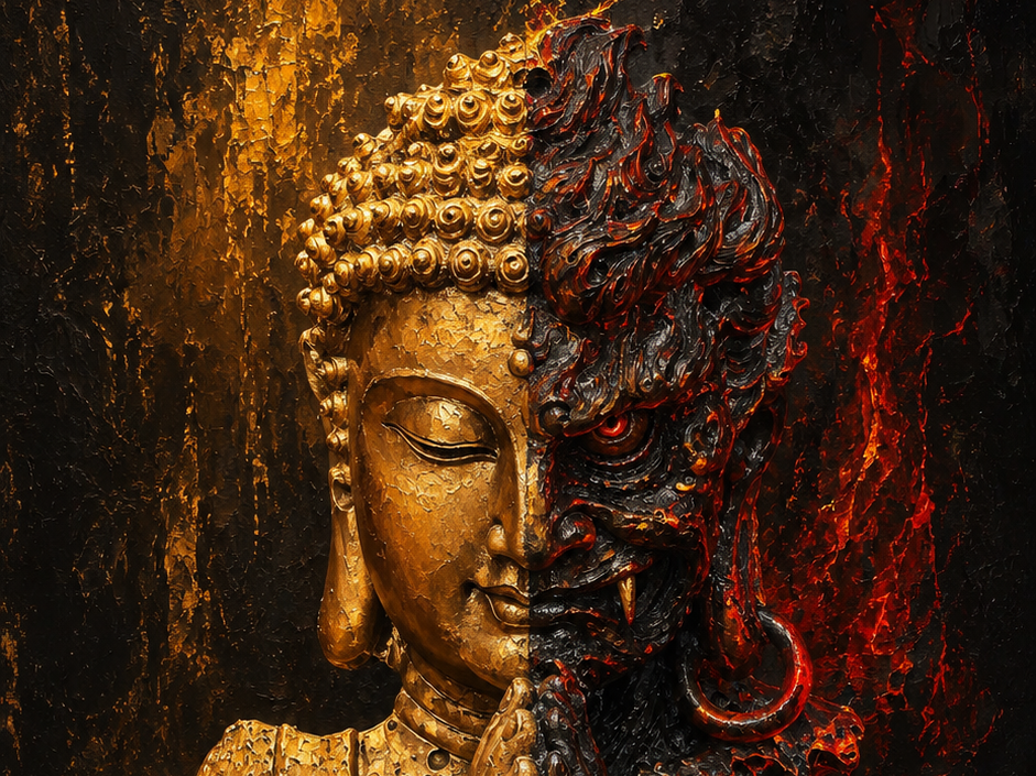 Golden Buddha statue with half-serene, half-demon face, symbolizing inner duality and mindfulness