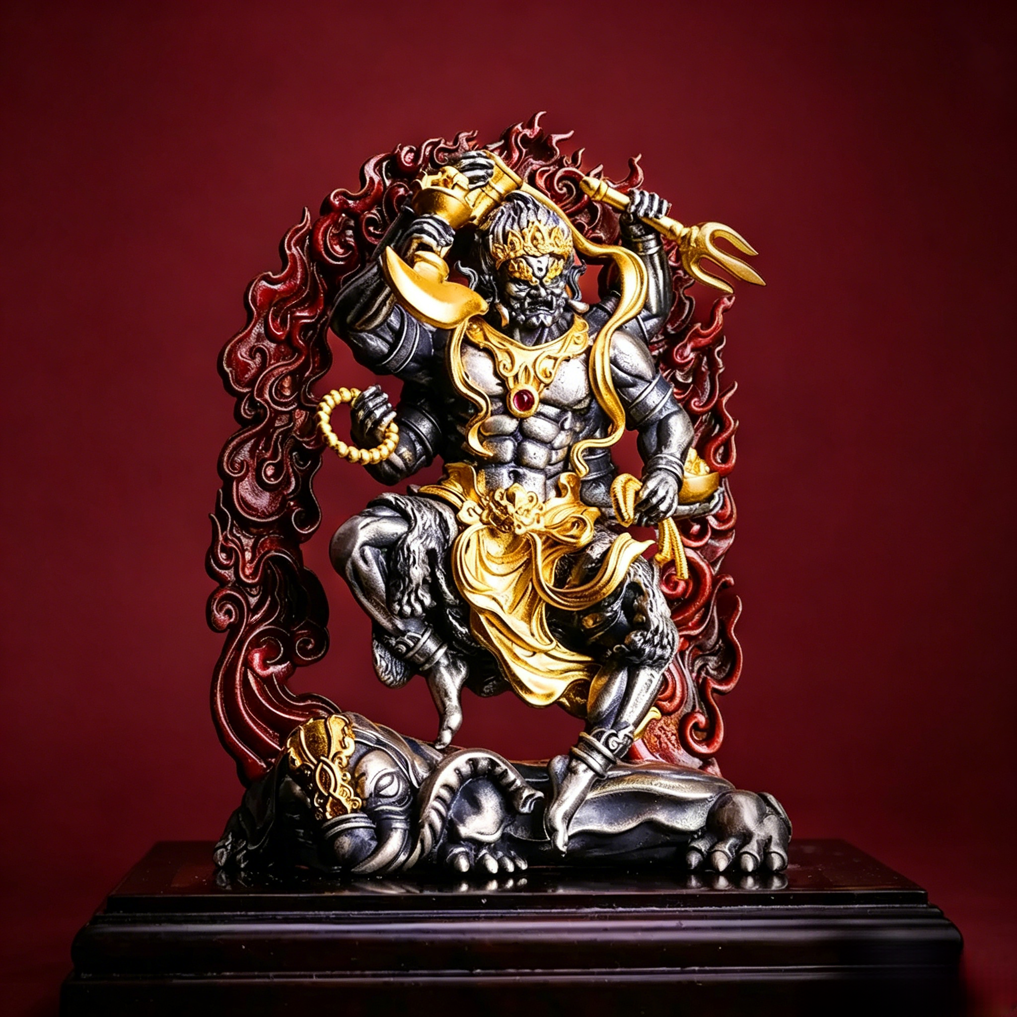 Six-Armed Mahakala Copper Pendant & Display Art – Hand-Carved Gold-Tone Guardian Design