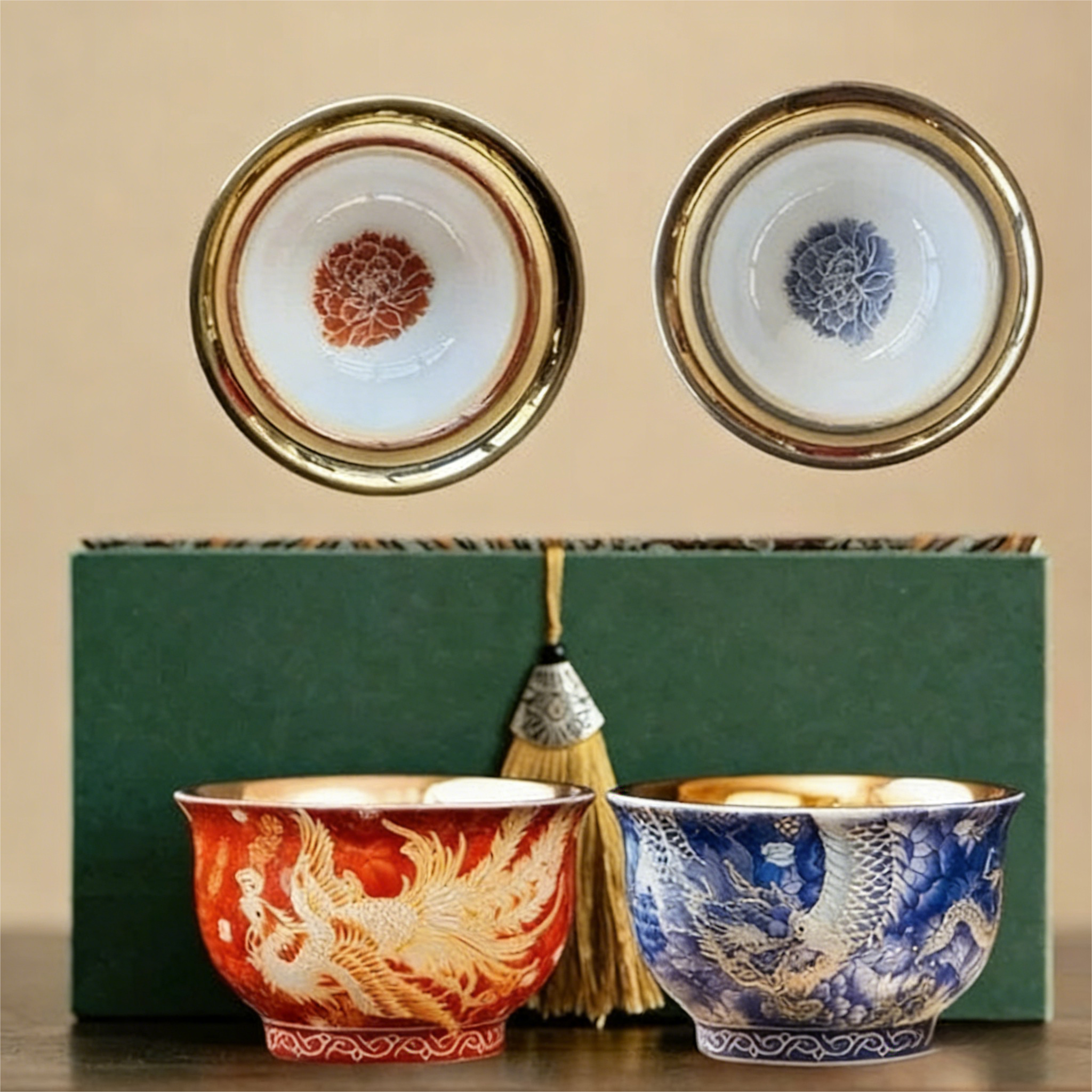 景泰藍 シャオリン ギルト 龍鳳茶碗 手作り陶器 マスターティーボウル（ギフトボックスセット）