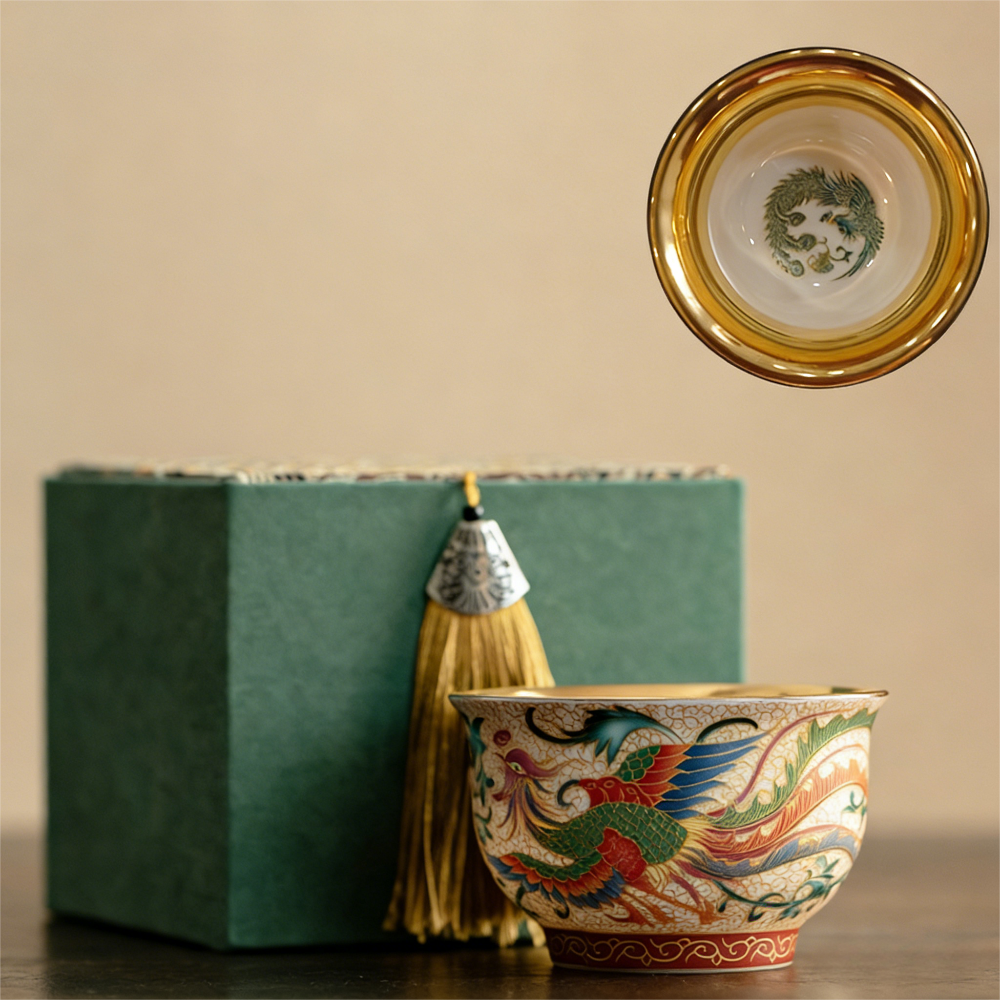 景泰藍 シャオリン ギルト 龍鳳茶碗 手作り陶器 マスターティーボウル（ギフトボックスセット）
