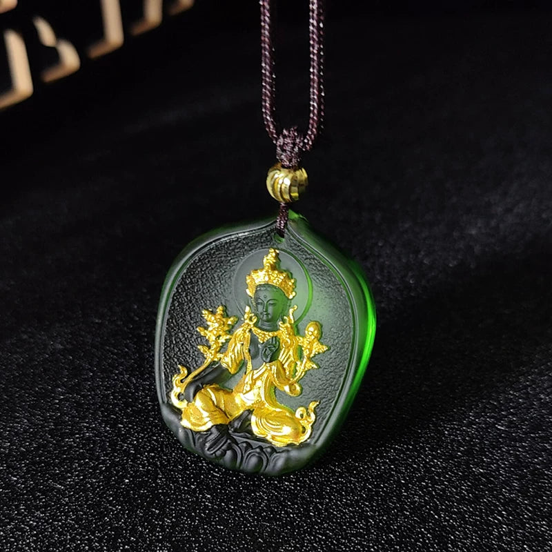 Handcrafted Green Tara Pendant Necklace – Ancient Method Liu Li Glass Gilded Protective Amulet