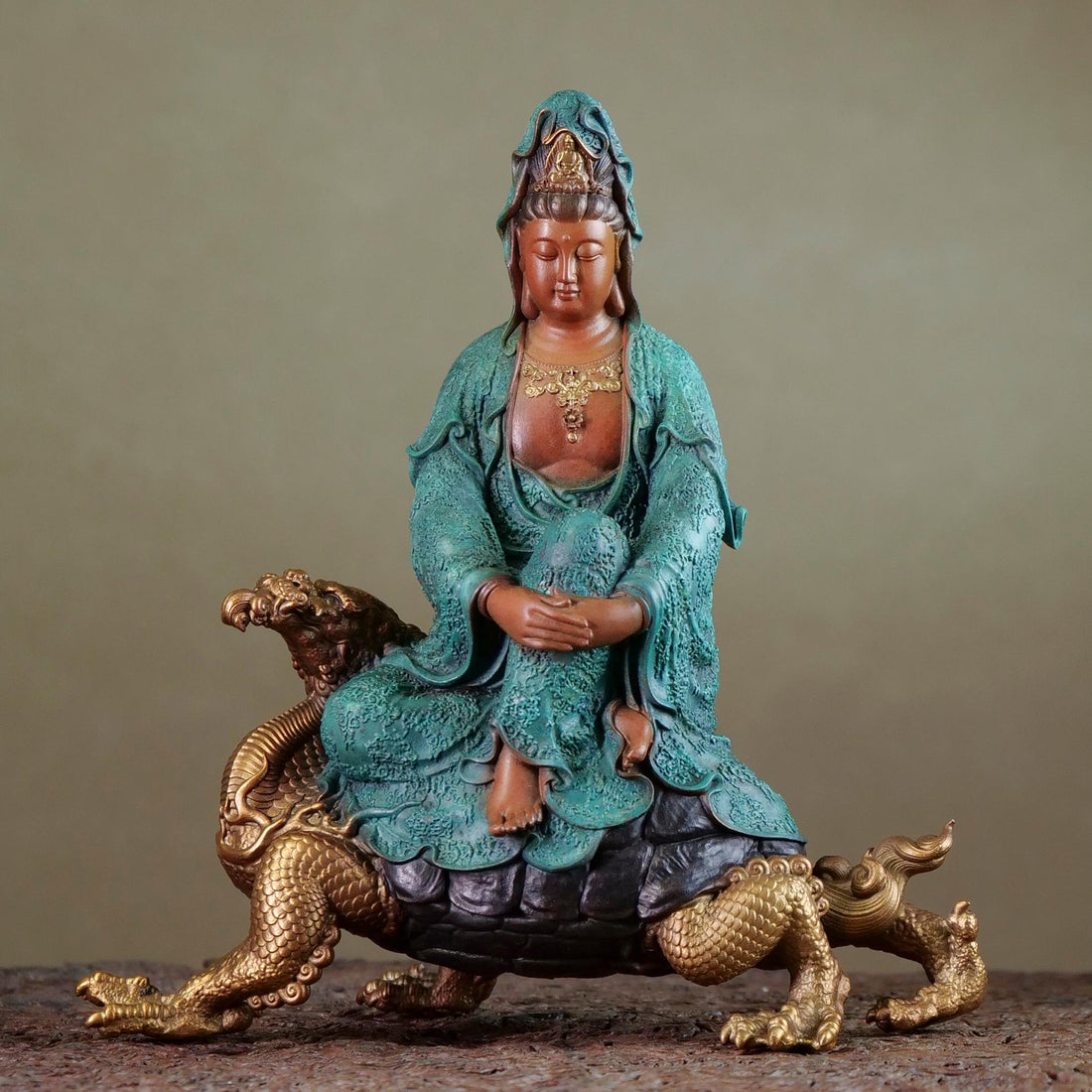 Longevity Guanyin on Dragon Turtle – Handcrafted Copper Sculpture for Peace & Stability