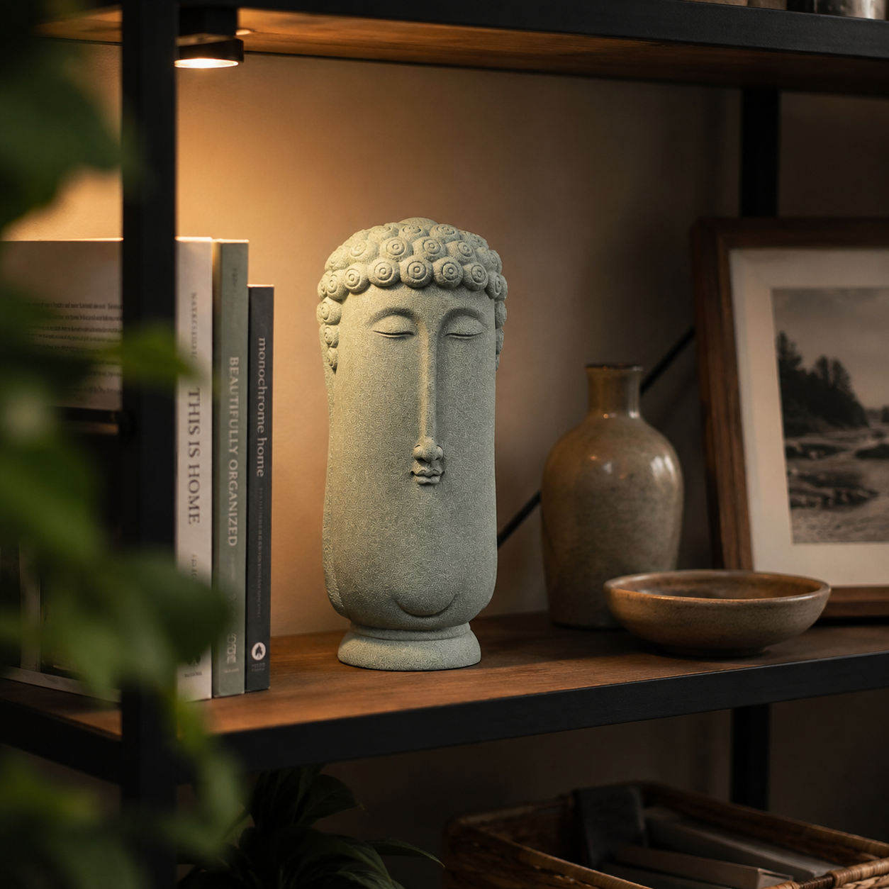 Serene Buddha head statue for mindful home decor, altar accent with stone texture and calm expression