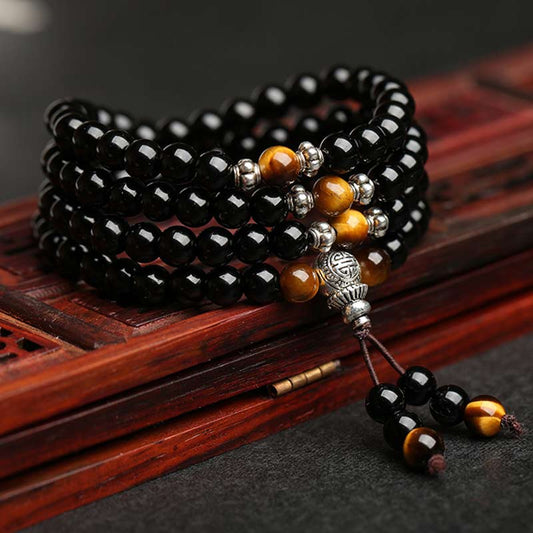 ShaoLin Black Obsidian Tiger Eye Blessing Mala Bracelet