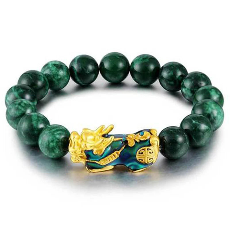Green jade prayer beads with gold dragon charm, Buddhist mindfulness accessory for meditation and peace