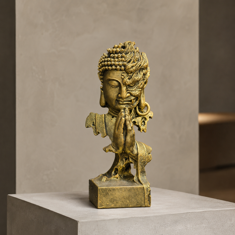 Harmony in Chaos: The Gold-Painted “Peace & Strength” Sandstone Sculpture