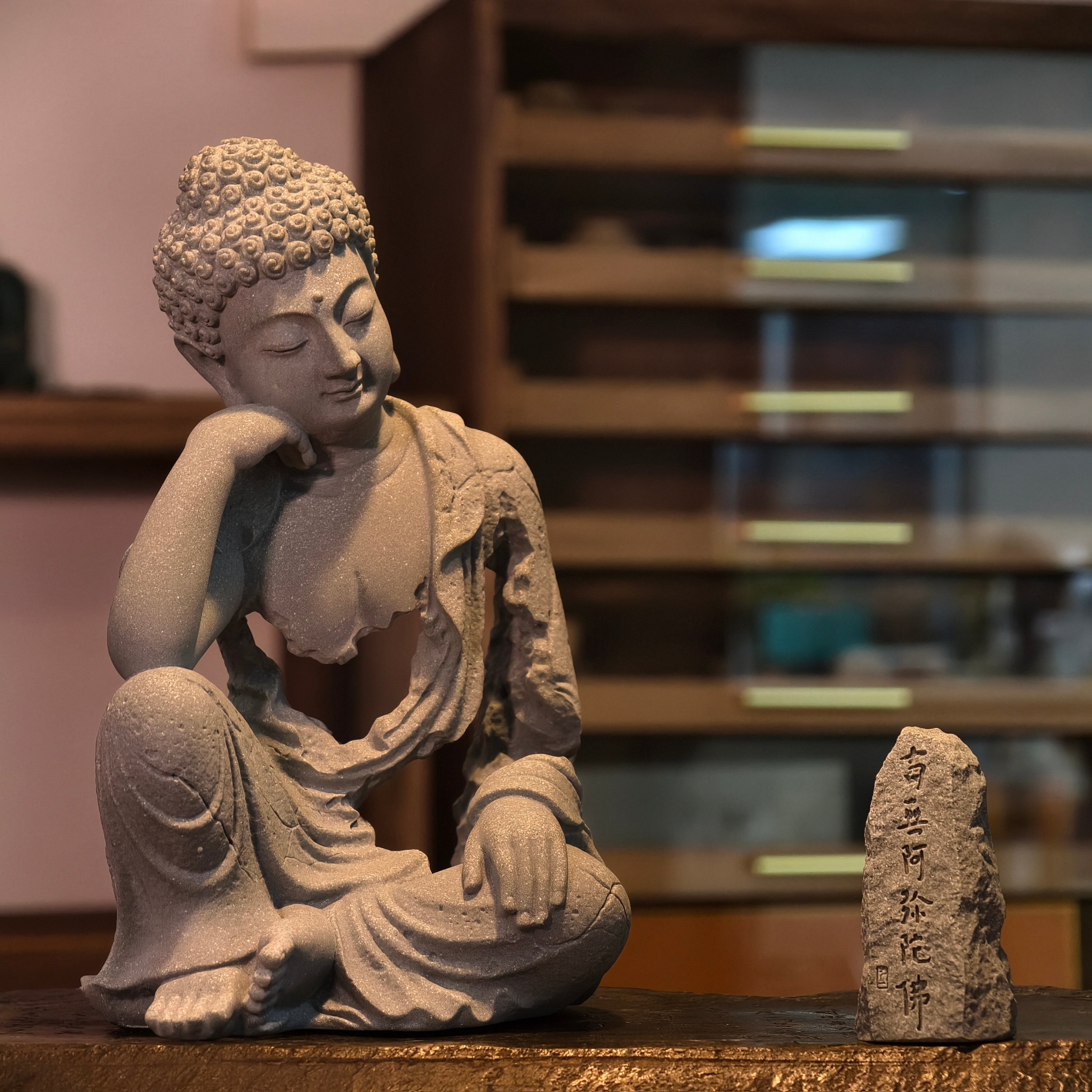 Resting Buddha Sandstone Statue with Free Namo Amitabha Buddha Stone Plaque
