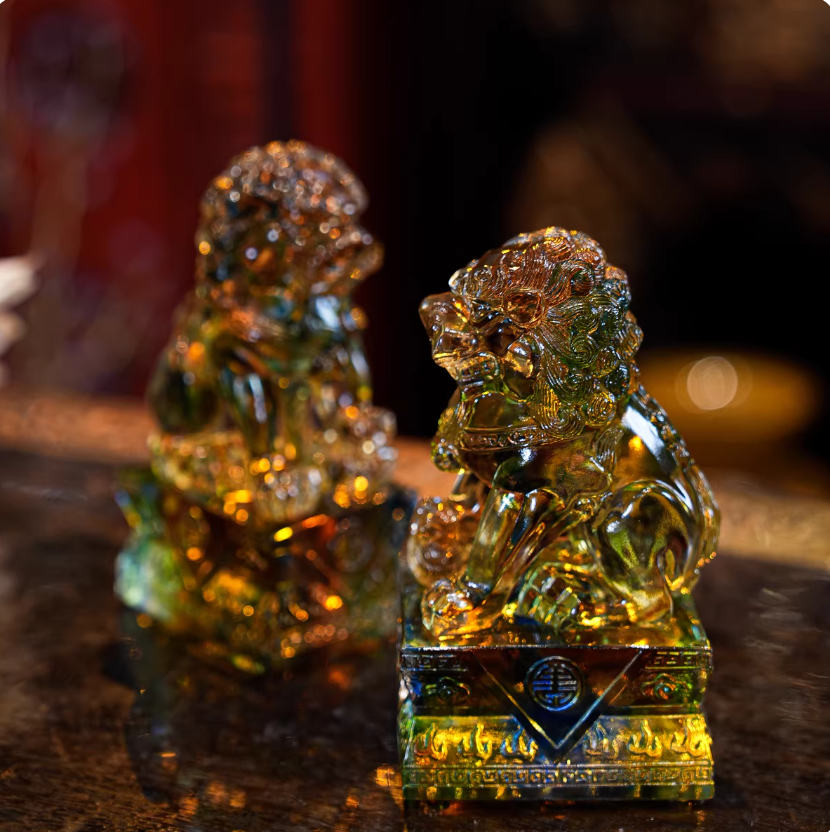 Imperial Guardian Lions: Heavyweight Handcrafted Liuli Crystal Pair