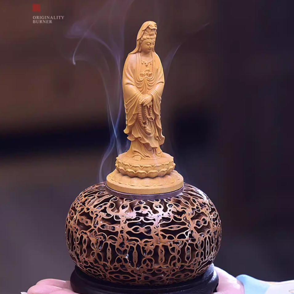 Hand-Carved Walnut & Boxwood Incense Burner | Artisan Aromatherapy Decor