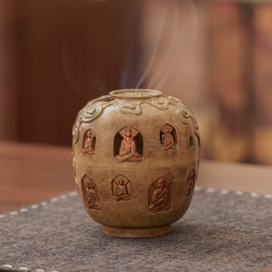 Vintage Dunhuang Pure Copper Incense Burner: The "Cloud & Buddha" Zen Vessel for Mindfulness & Serenity