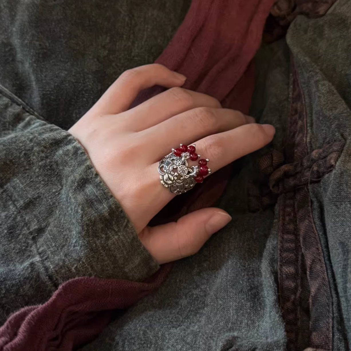 Vintage Oriental Zen Red Agate Statement Ring | Adjustable Talisman