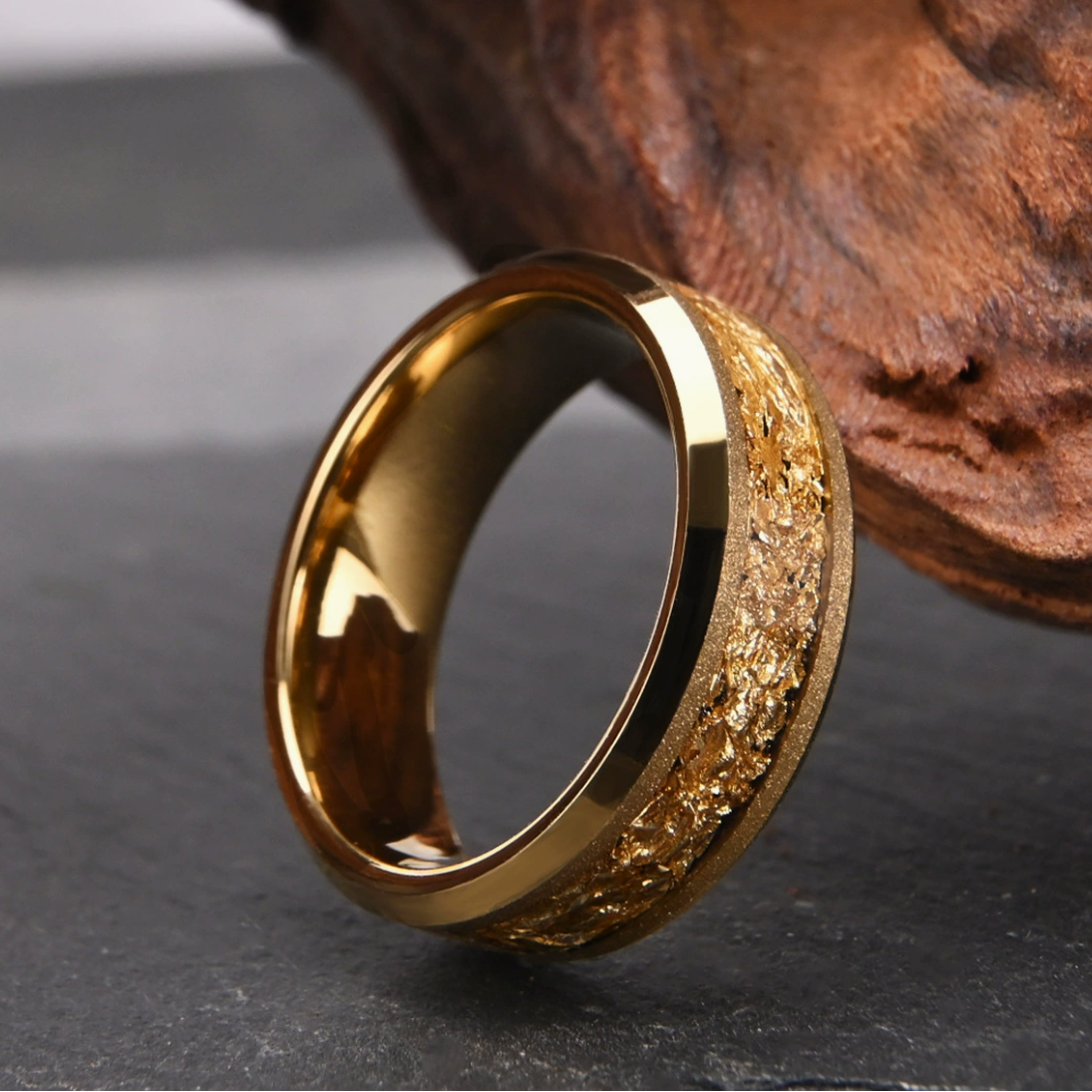 The Golden Zenith - Sandblasted Tungsten Ring with Gold Leaf Inlay