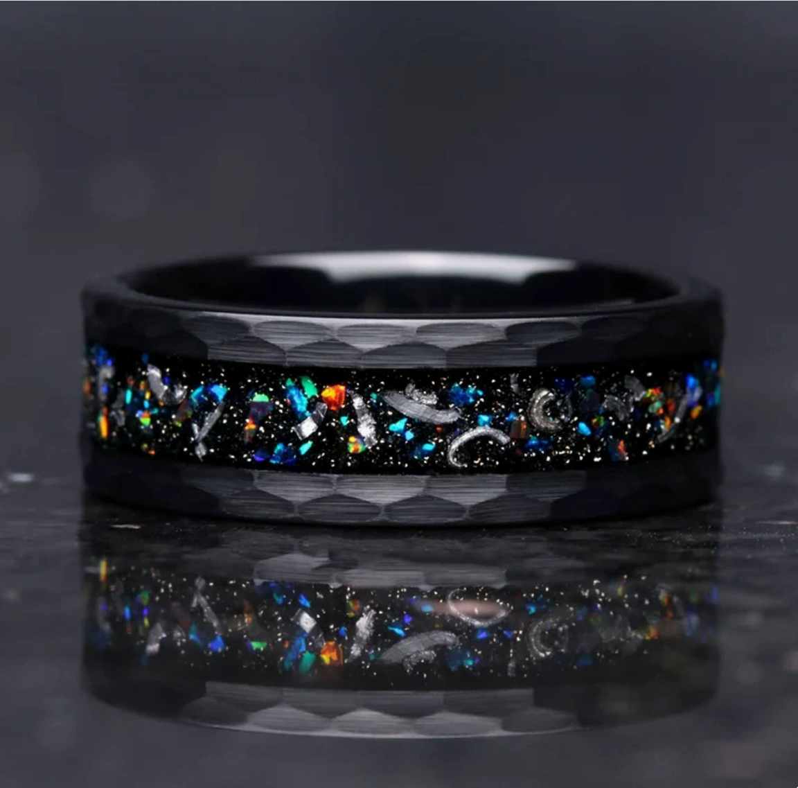The Midnight Aura - 8mm Black Hammered Tungsten Ring with Vibrant Opal Inlay