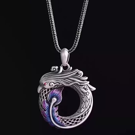 The Infinite Bond – 999 Fine Silver Dragon & Phoenix Pendant Necklace with 21.6 inches Chain
