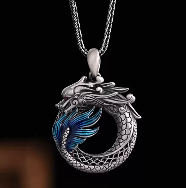 The Infinite Bond – 999 Fine Silver Dragon & Phoenix Pendant Necklace with 21.6 inches Chain