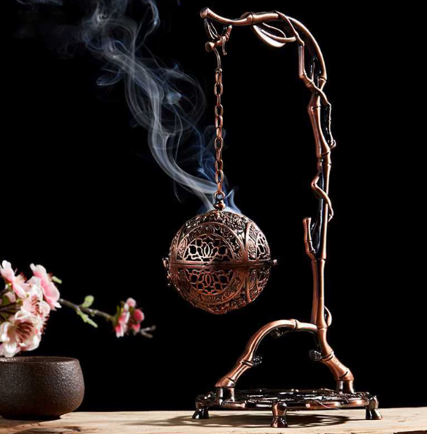 Antique Bronze Bamboo Stand Hanging Incense Burner – Filigree Loong Ball Censer for Coil & Cone Incense