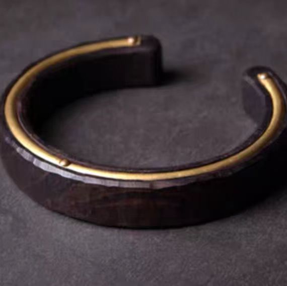 Zen Master Ebony Wood Cuff - Vintage Brass Inlay Meditation Bracelet for Men & Women