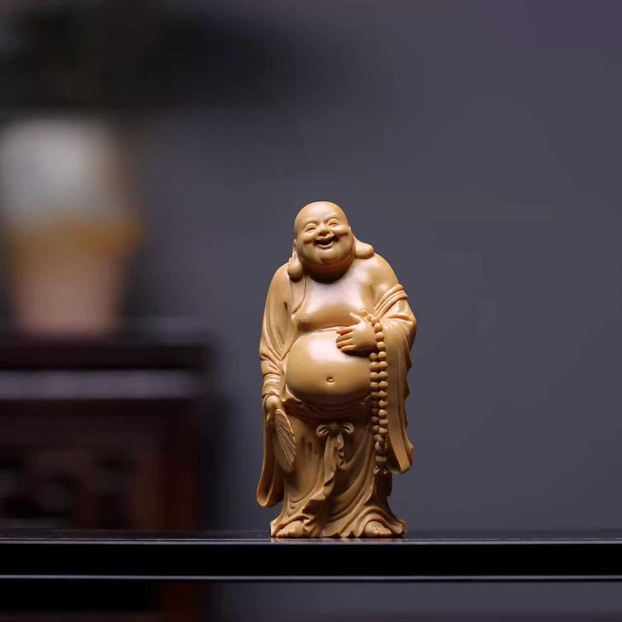 少林名作シリーズ：希少黄楊木彫り「無限の富の器」（手彫り弥勒仏）