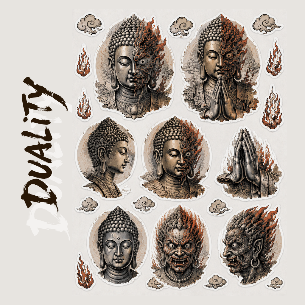 The ”Harmony in Chaos" Buddha & Demon Sticker Pack – Premium Waterproof Die-Cut Vinyl Decals for Laptops, Water Bottles & Journals (1.57" Max Length)