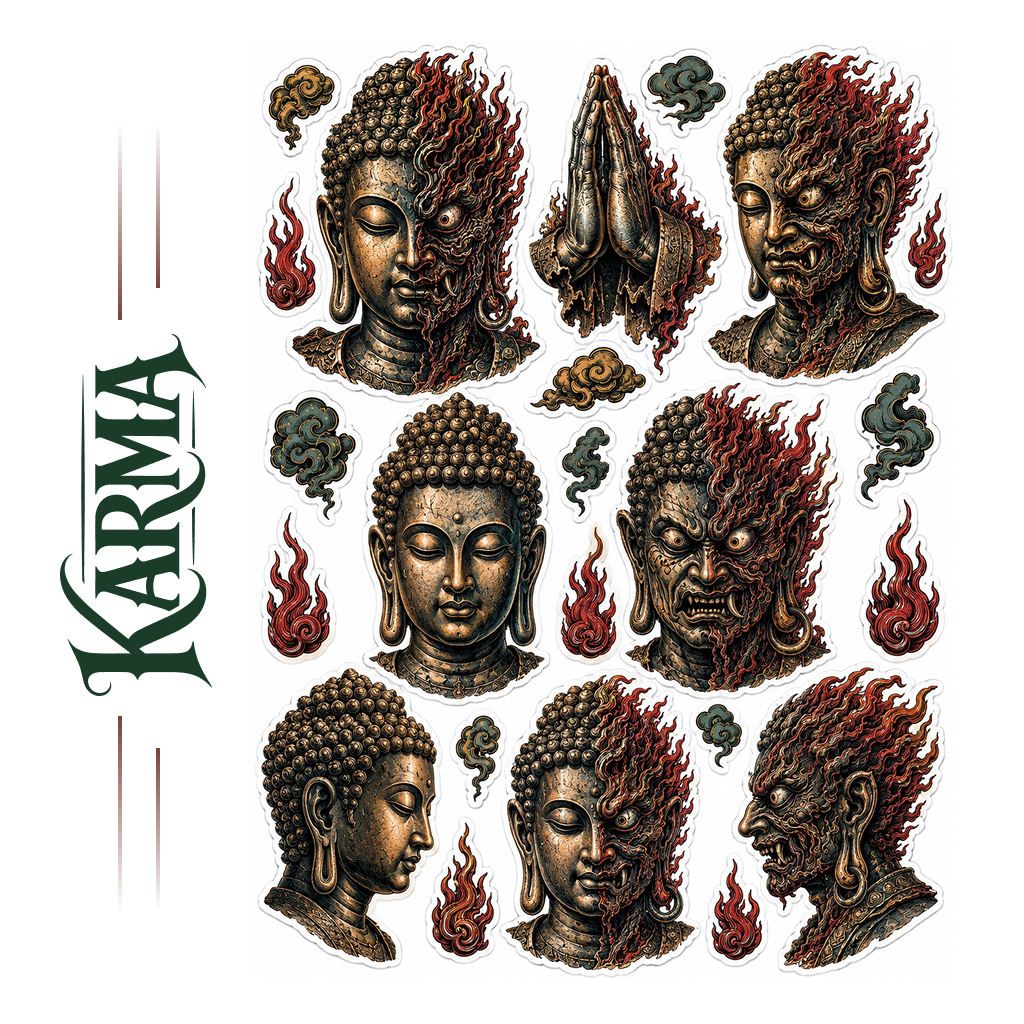 The ”Harmony in Chaos" Buddha & Demon Sticker Pack – Premium Waterproof Die-Cut Vinyl Decals for Laptops, Water Bottles & Journals (1.57" Max Length)