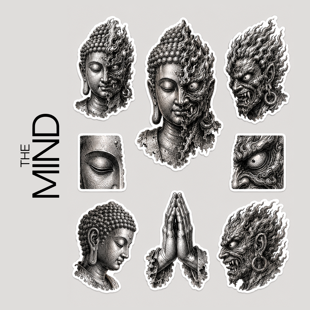 The ”Harmony in Chaos" Buddha & Demon Sticker Pack – Premium Waterproof Die-Cut Vinyl Decals for Laptops, Water Bottles & Journals (1.57" Max Length)