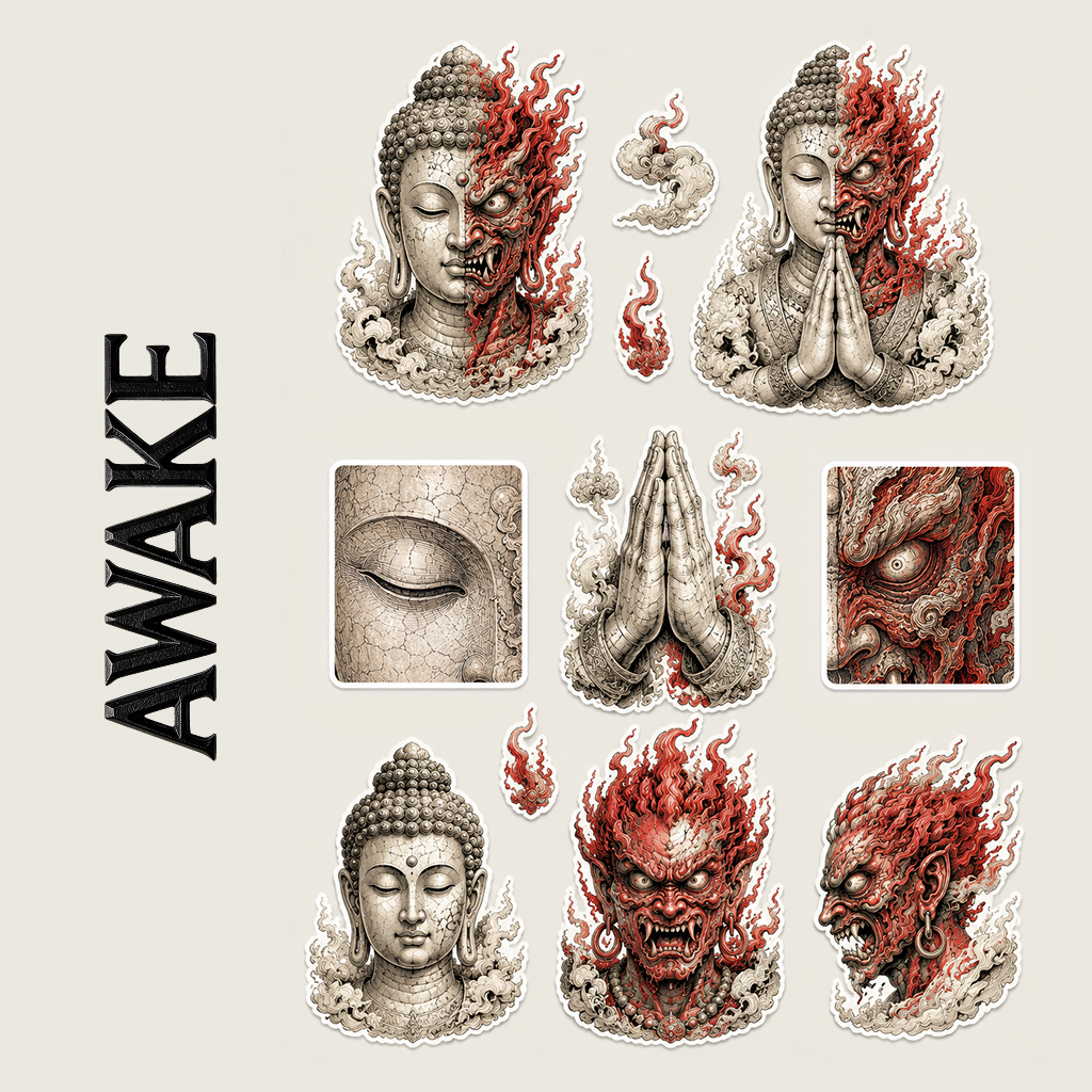 The ”Harmony in Chaos" Buddha & Demon Sticker Pack – Premium Waterproof Die-Cut Vinyl Decals for Laptops, Water Bottles & Journals (1.57" Max Length)