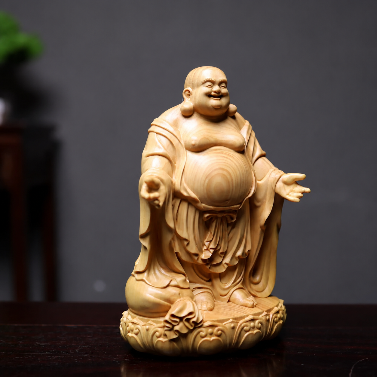 Title: Hand-Carved Boxwood Laughing Buddha Statue – Premium Wood Decorative Sculpture for Home & Office