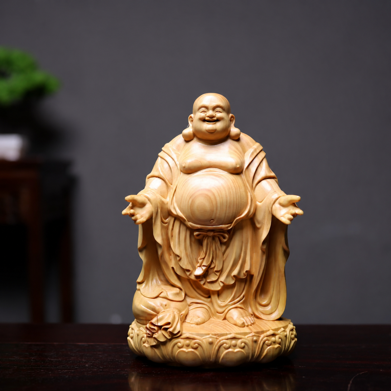 Title: Hand-Carved Boxwood Laughing Buddha Statue – Premium Wood Decorative Sculpture for Home & Office