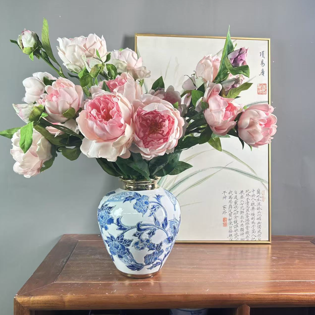 ShaolinMart Jingdezhen Blue and White Porcelain Ceramic Vase – Hand-Painted Floral Arrangement Centerpiece