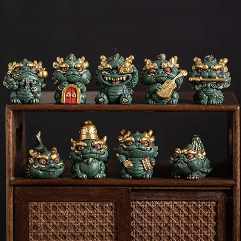 Imperial Green 9 Sons of the Loong Mythological Statue Collection – Playful Chibi Style Q-Version Tea Pet & Desktop Talisman
