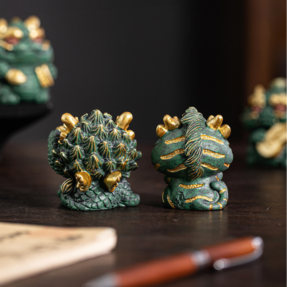 Imperial Green 9 Sons of the Loong Mythological Statue Collection – Playful Chibi Style Q-Version Tea Pet & Desktop Talisman
