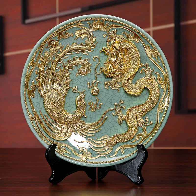 Dragon & Phoenix Relief Ceramic Display Plate – Gilded Eastern-Inspired Home Decor Ornament