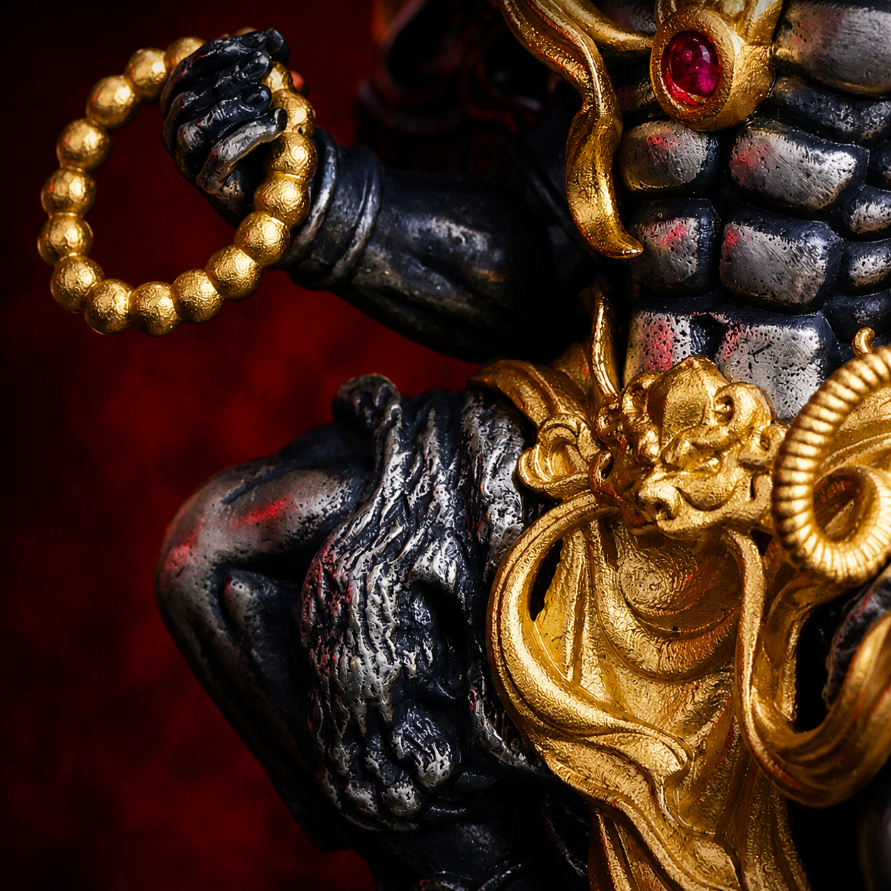 Six-Armed Mahakala Copper Pendant & Display Art – Hand-Carved Gold-Tone Guardian Design