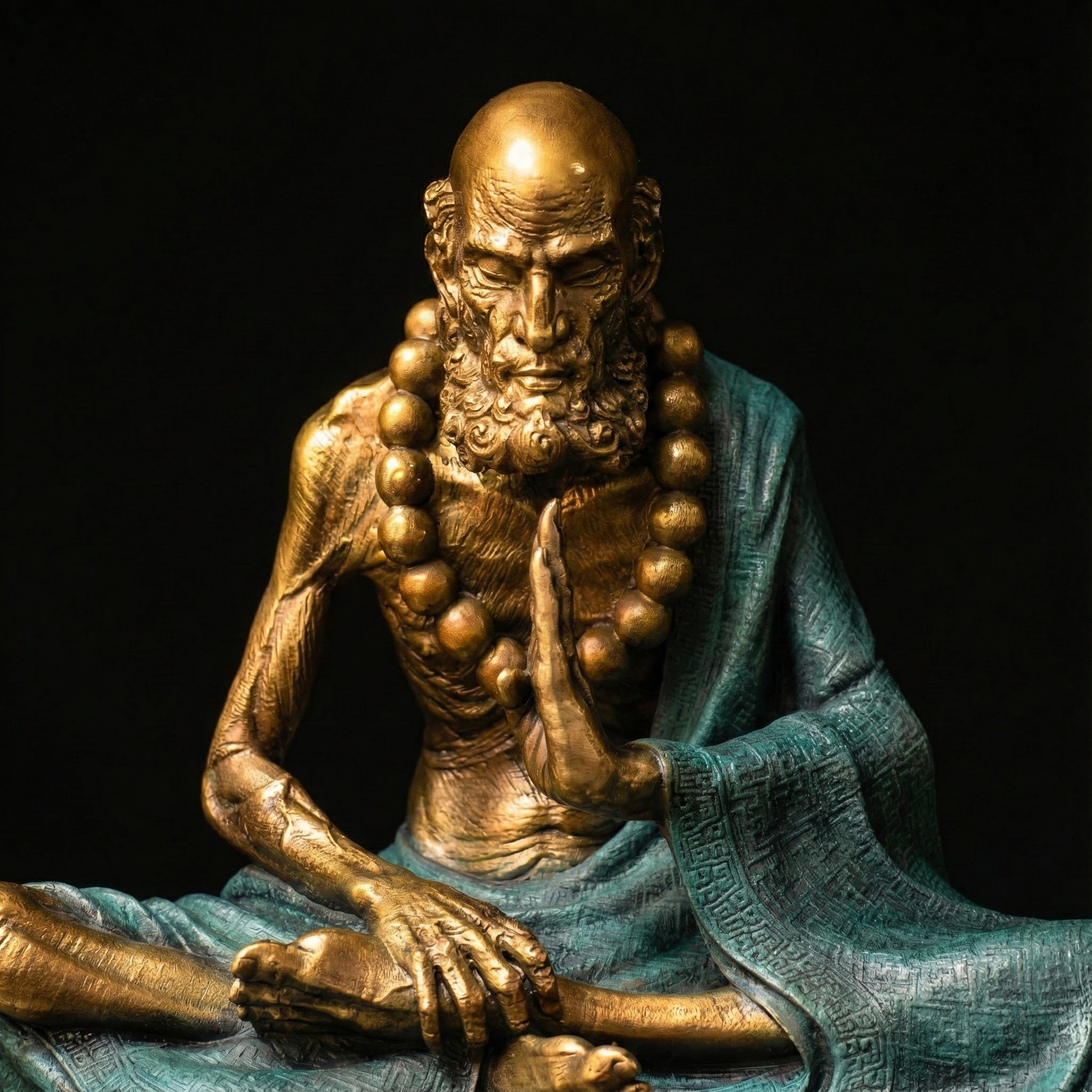 Silent Resolve Bodhidharma Sculpture | Handcrafted Verdigris Copper, Symbol of Inner Strength