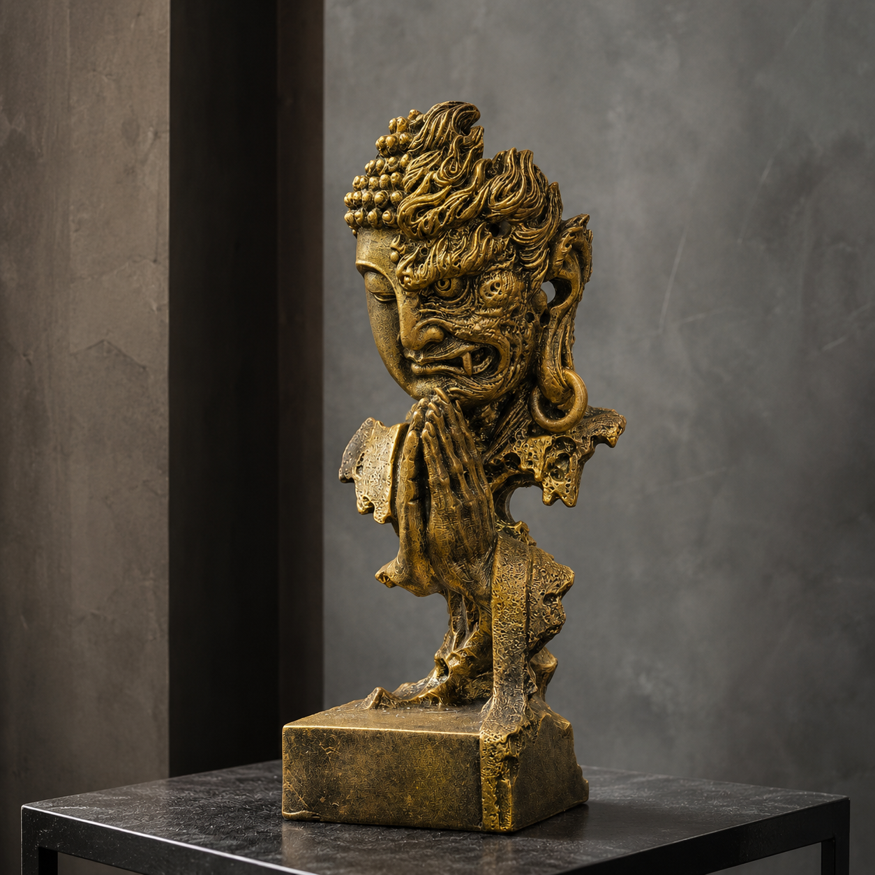 Harmony in Chaos: The Gold-Painted “Peace & Strength” Sandstone Sculpture