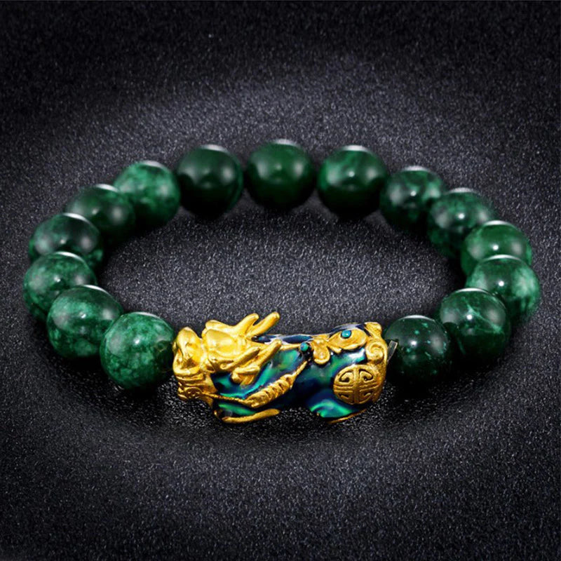 Green jade prayer beads with golden dragon clasp, Buddhist-inspired mindfulness accessory