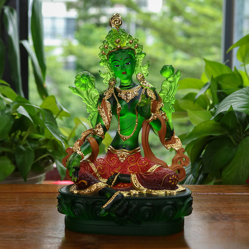 Green Tara Liuli Statue – Handcrafted Glass Art Figurine with Gilded & Hand-Painted Finishes
