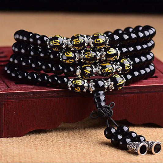 ShaoLin Black Obsidian Six True Words Protection Mala Bracelet