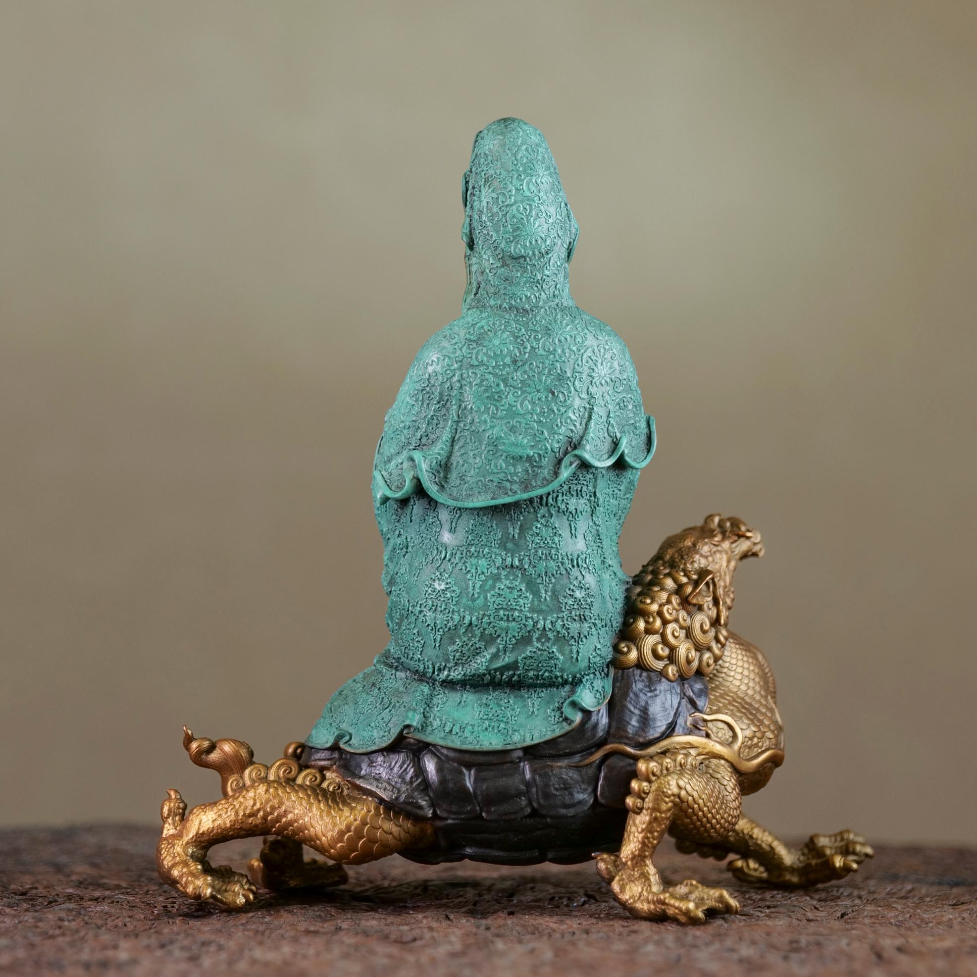 Longevity Guanyin on Loong Turtle – Handcrafted Copper Sculpture for Peace & Stability