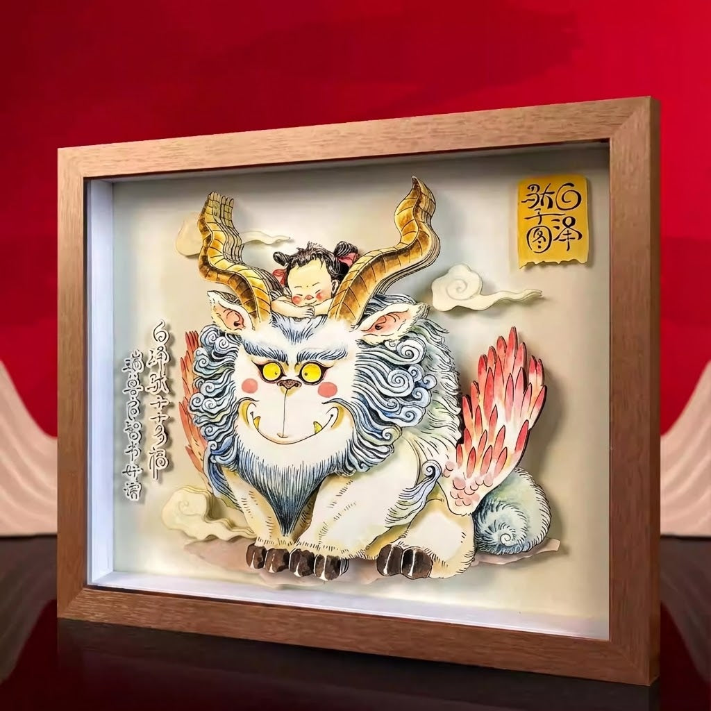 3D "Bai Ze" (The All-Knowing Beast) Shadow Box – Handcrafted Paper Carving Art, Walnut-Framed (ICH Series)